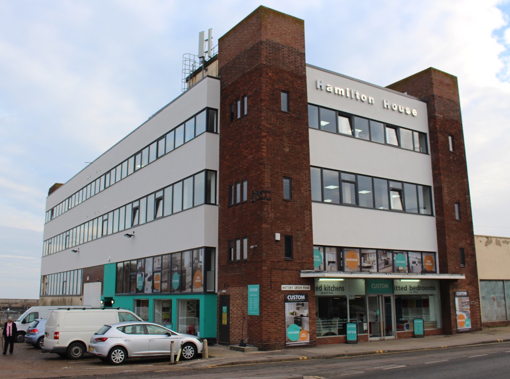Hamilton House offices taken from a distance showing two sides of the building