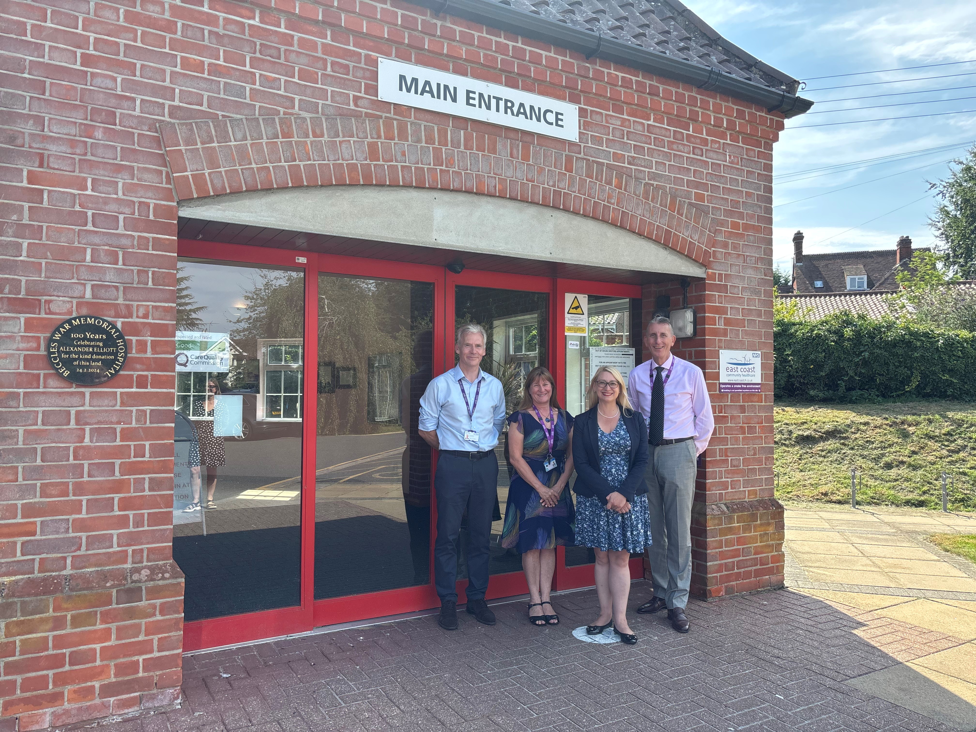 (L-R) Ian Hutchison, Adele Madin, Jess Asato and Andy Wood outside the entrance to Beccles Hospital